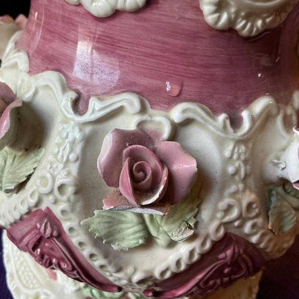 Antique‎ Majolica Teapot Pink Victorian 3D Roses (Damaged)